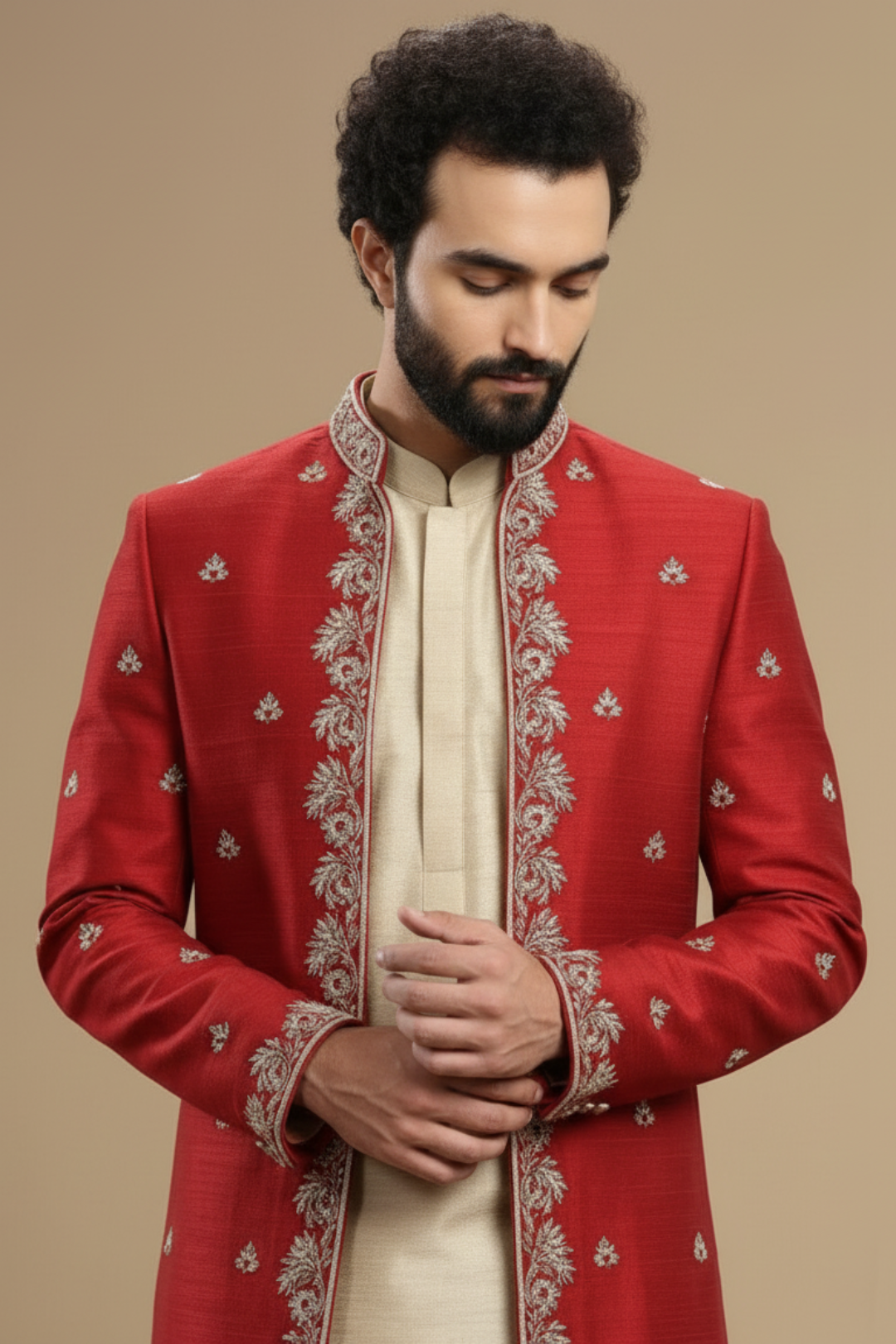 Traditional Red Sherwani Set with Handcrafted Detailing