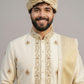 Ivory Pattu Pancha with Elephant & Floral Zari Embroidery – Traditional South Indian Wedding Groom Outfit