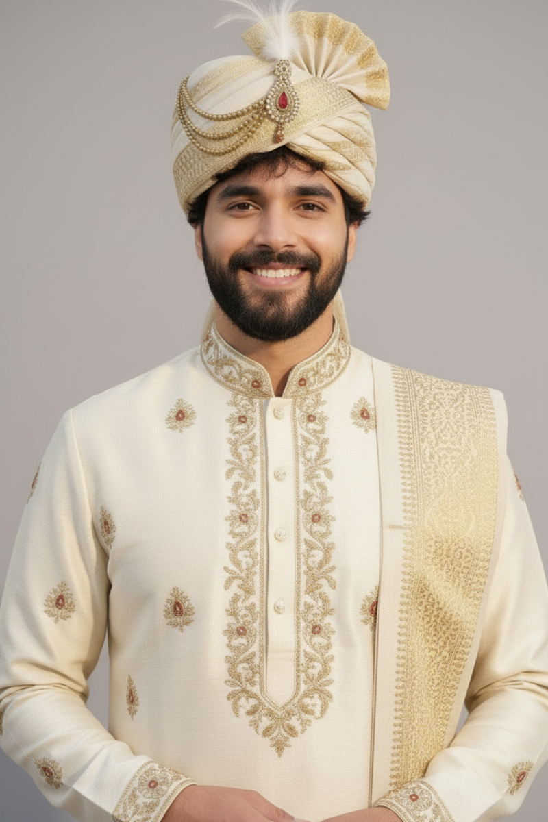 Ivory Pattu Pancha with Elephant & Floral Zari Embroidery – Traditional South Indian Wedding Groom Outfit