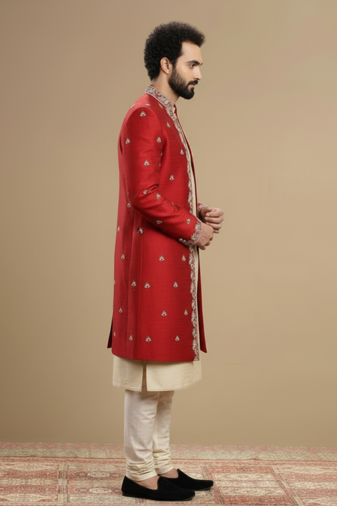 Traditional Red Sherwani Set with Handcrafted Detailing
