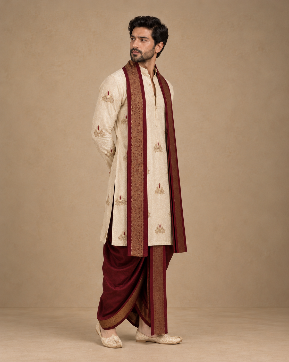 Royal Ivory & Maroon Embroidered Kurta Dhoti Set