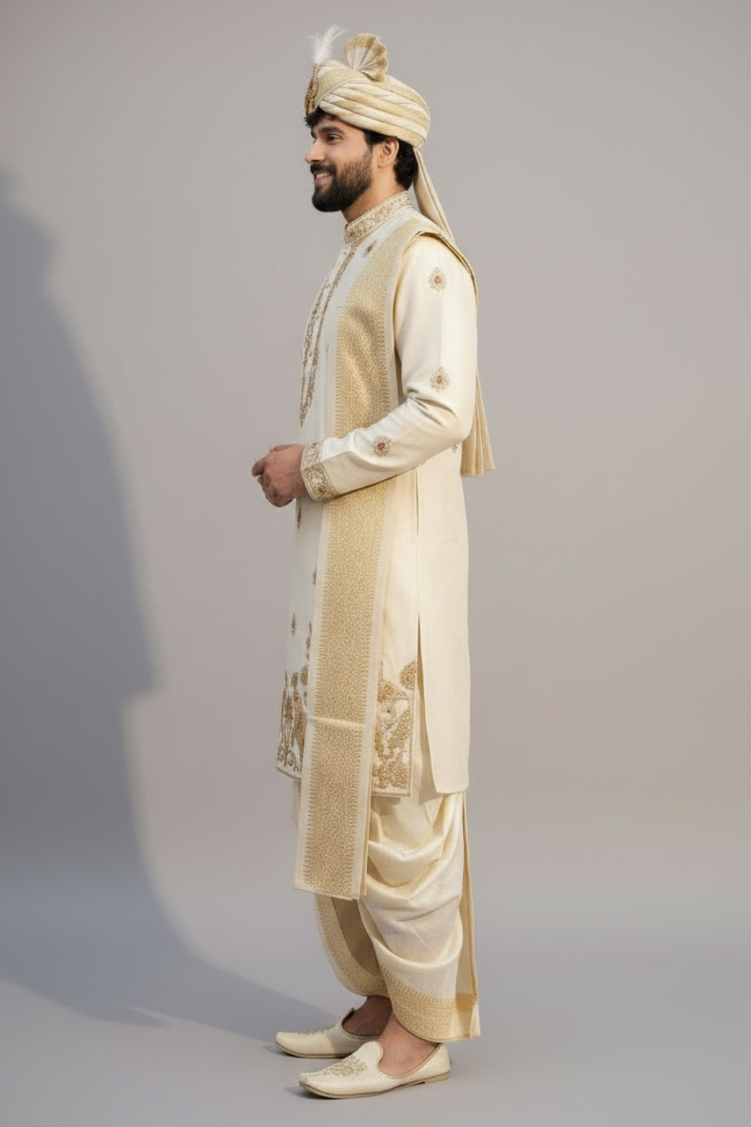 Ivory Pattu Pancha with Elephant & Floral Zari Embroidery – Traditional South Indian Wedding Groom Outfit