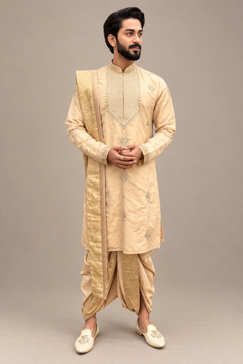 Men’s Royal Gold Sherwani Set with Dhoti & Dupatta – Premium Wedding & Festive Ethnic Wear