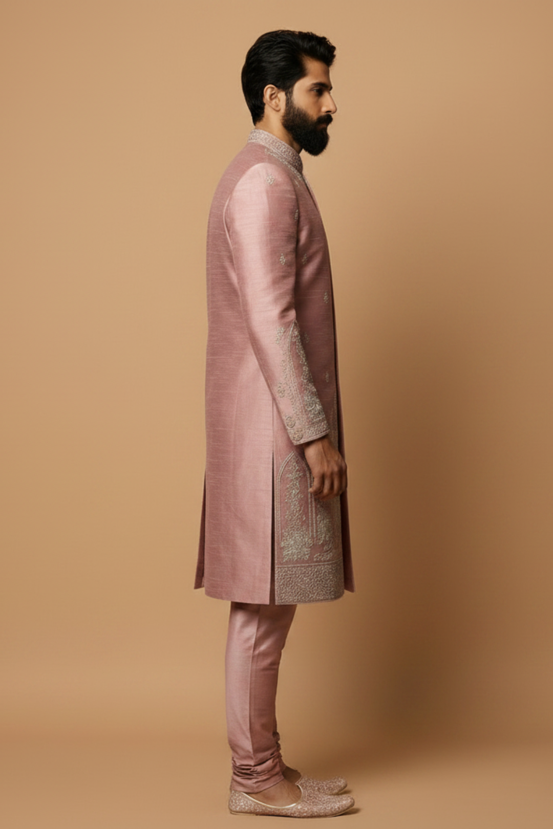 Mauve Raw Silk Sherwani with Silver Architectural Embroidery & Churidar