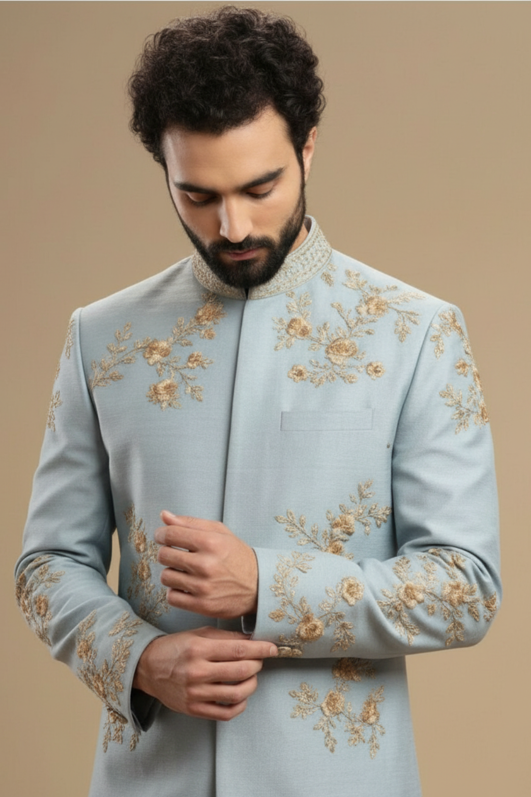 Men’s Designer Blue Sherwani with Gold Floral Embroidery