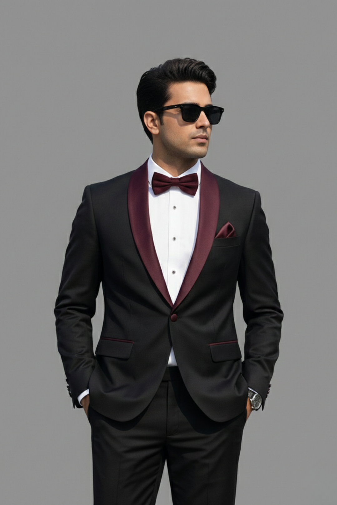 Black & Maroon 3-Piece Tuxedo Suit for Men – Slim Fit Satin Lapel Wedding & Party Wear
