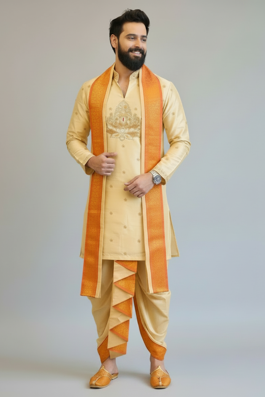 Ivory Gold Balaji Embroidered with Pomna Pattu Pancha Set