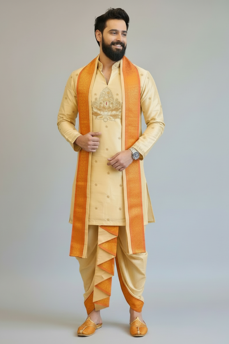 Ivory Gold Balaji Embroidered with Pomna Pattu Pancha Set