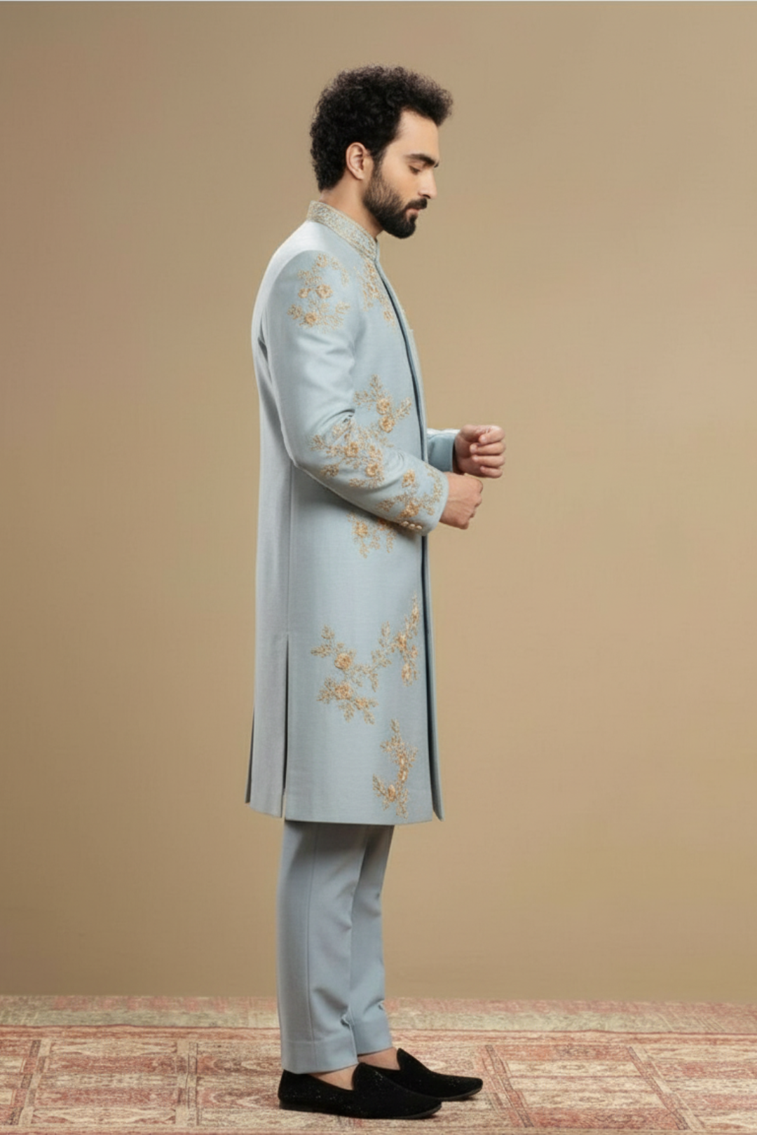 Men’s Designer Blue Sherwani with Gold Floral Embroidery