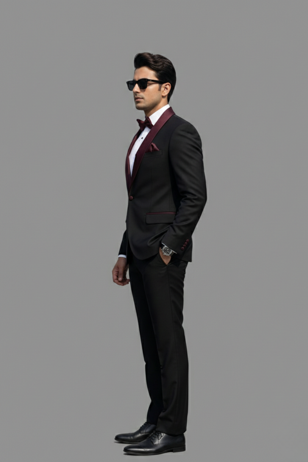 Black & Maroon 3-Piece Tuxedo Suit for Men – Slim Fit Satin Lapel Wedding & Party Wear