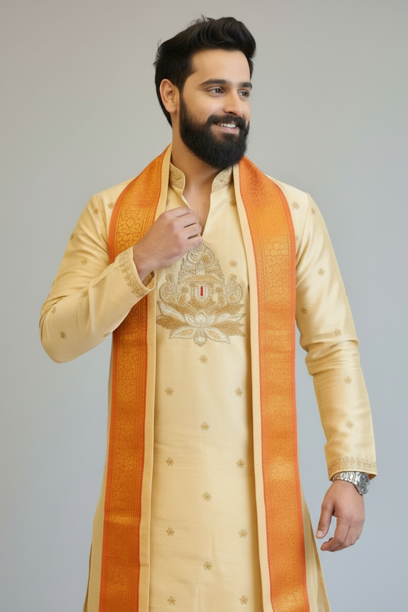Ivory Gold Balaji Embroidered with Pomna Pattu Pancha Set