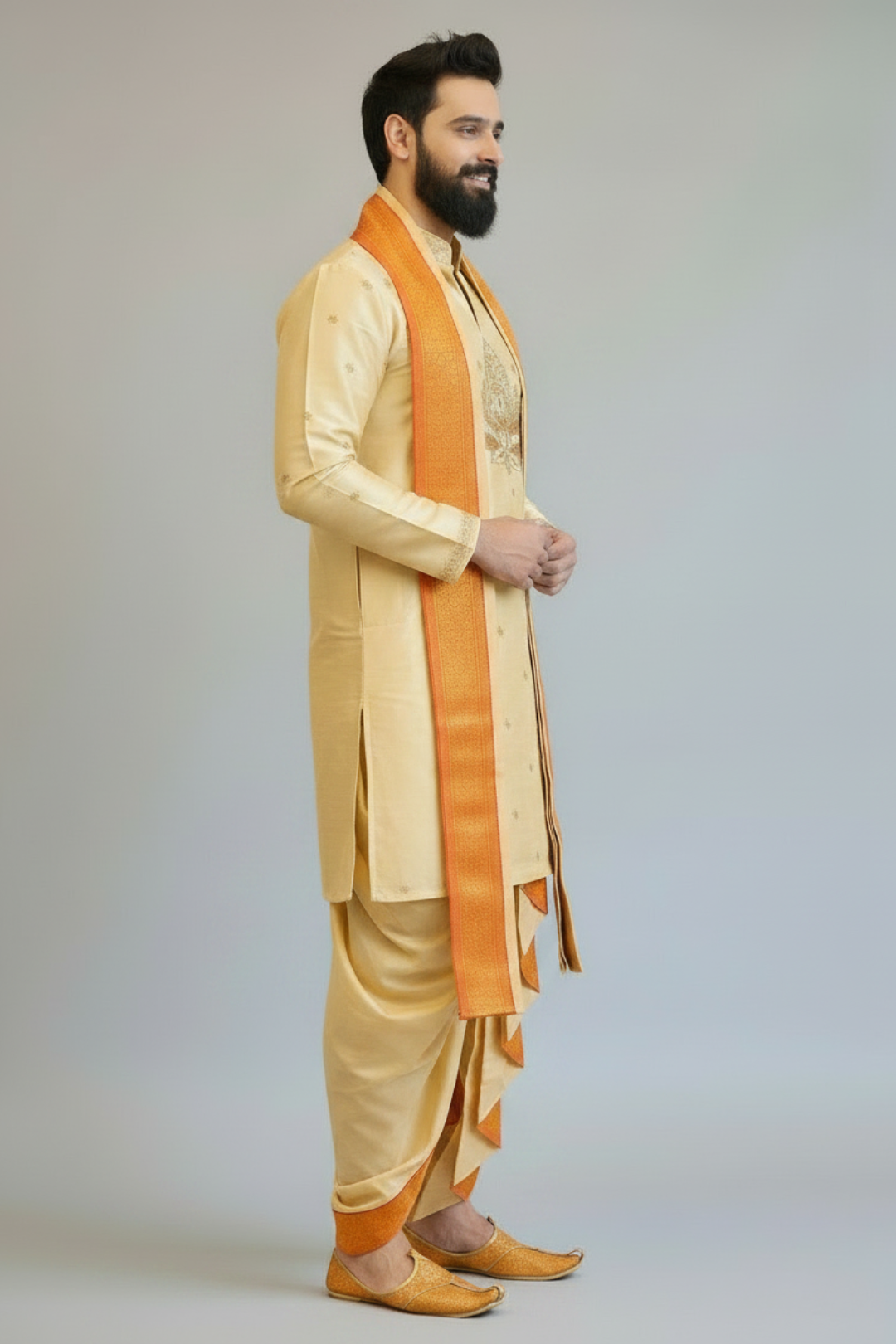 Ivory Gold Balaji Embroidered with Pomna Pattu Pancha Set