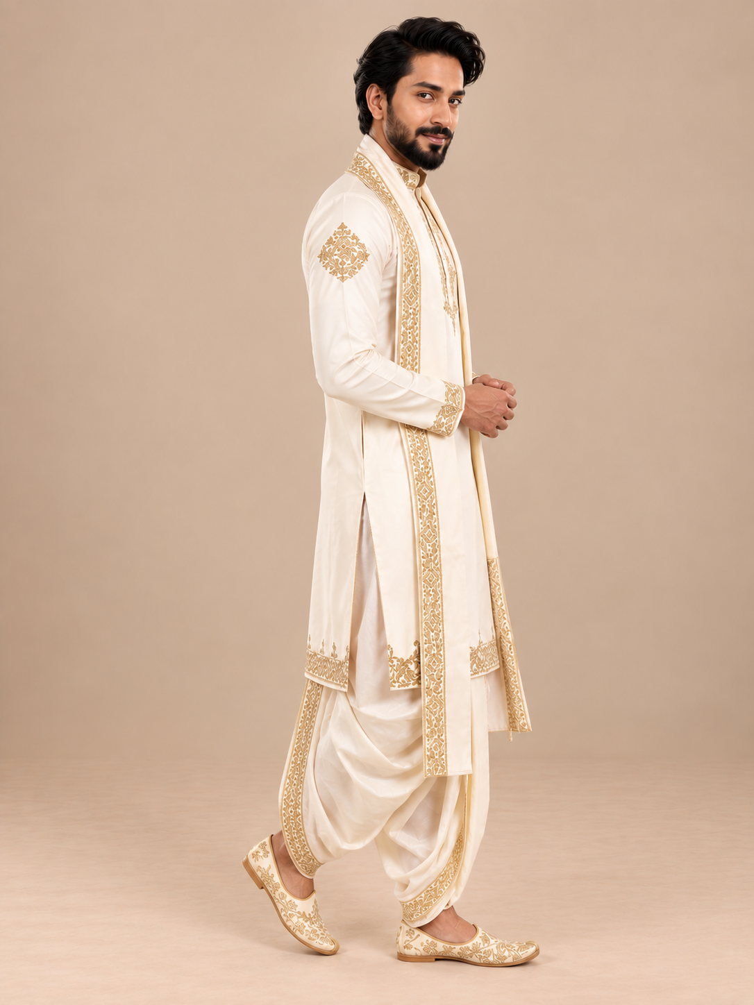 Ivory Embroidered Kurta Set with Traditional Dhoti & Gold Zari Stole for Men – Wedding & Festive Ethnic Wear