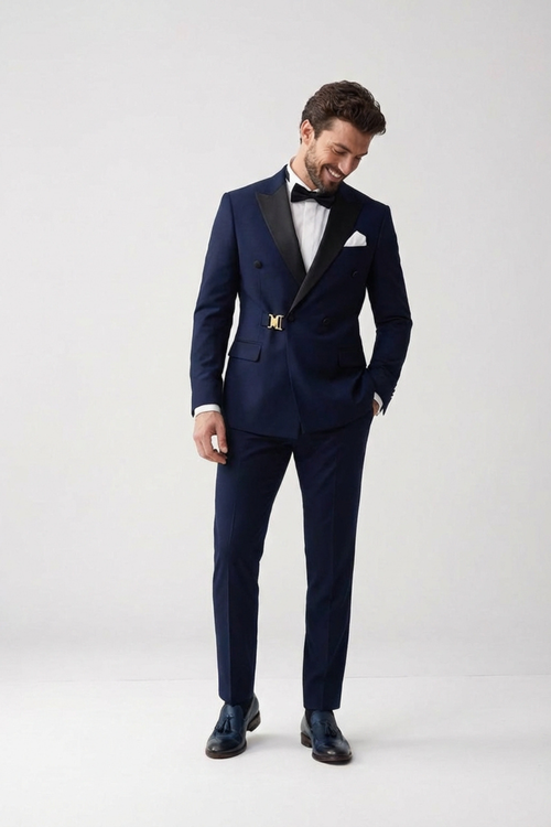 Men’s Navy Blue Double-Breasted Tuxedo with Gold Buckle