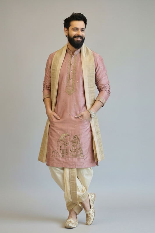 Man wearing a traditional pink kurta with gold embroidery and a beige scarf on a plain background