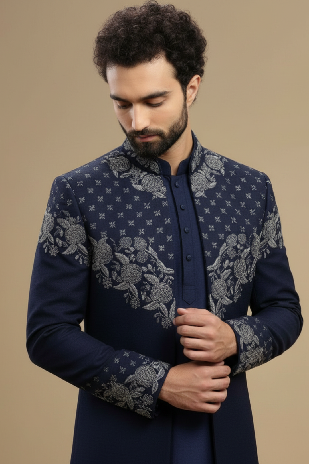 Men’s Navy Blue Embroidered Sherwani Kurta Set