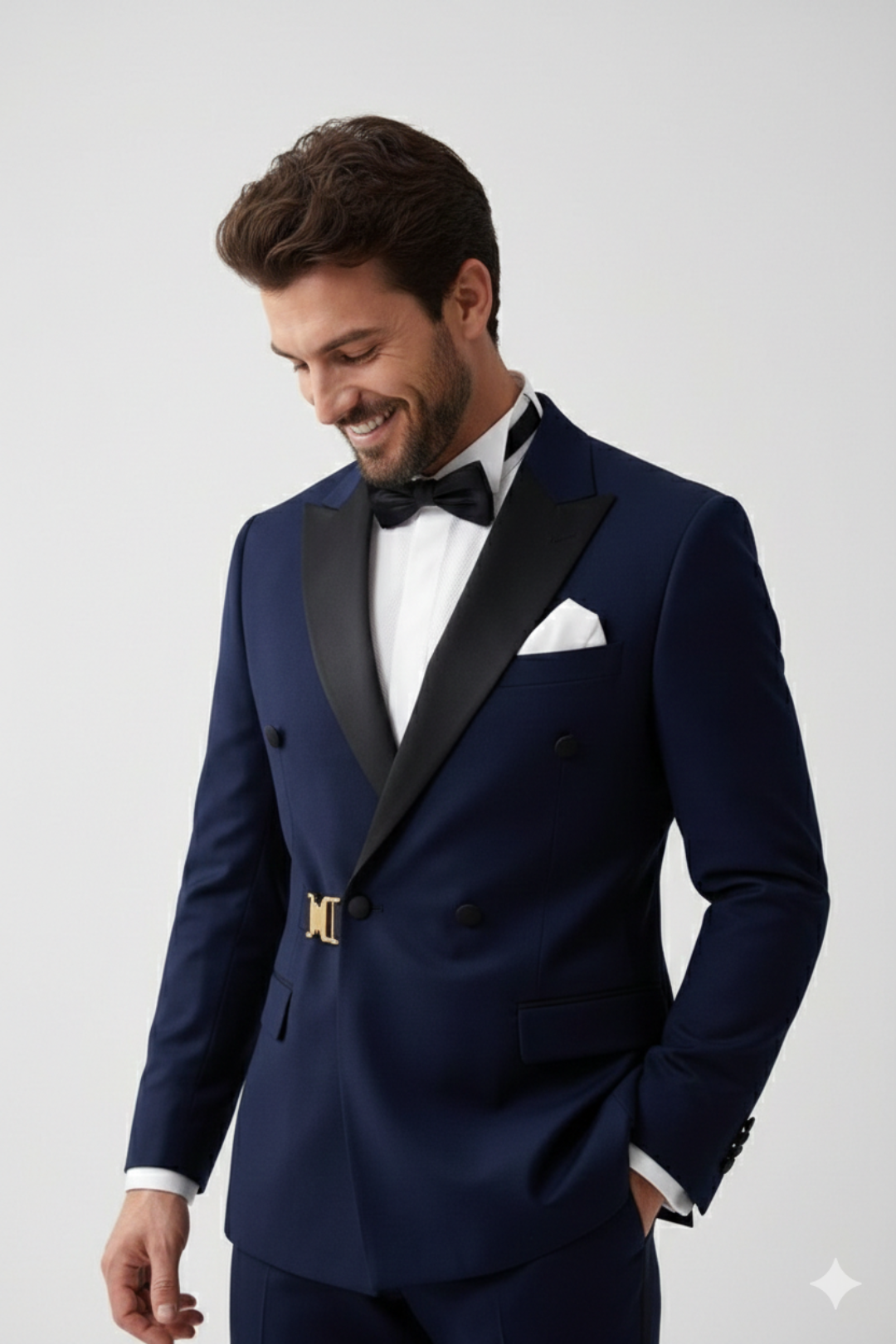 Men’s Navy Blue Double-Breasted Tuxedo with Gold Buckle