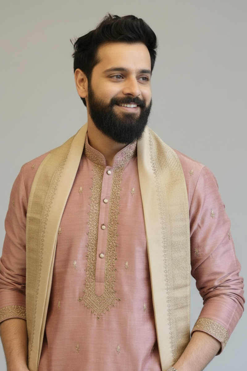 Peach Embroidered Kurta Dhoti Set for Men with Stole – Traditional Wedding & Ethnic Wear