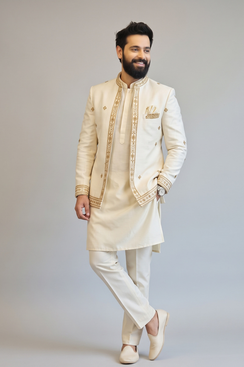 Ivory Embroidered Indo-Western Sherwani Set for Men | Premium Wedding & Reception Wear