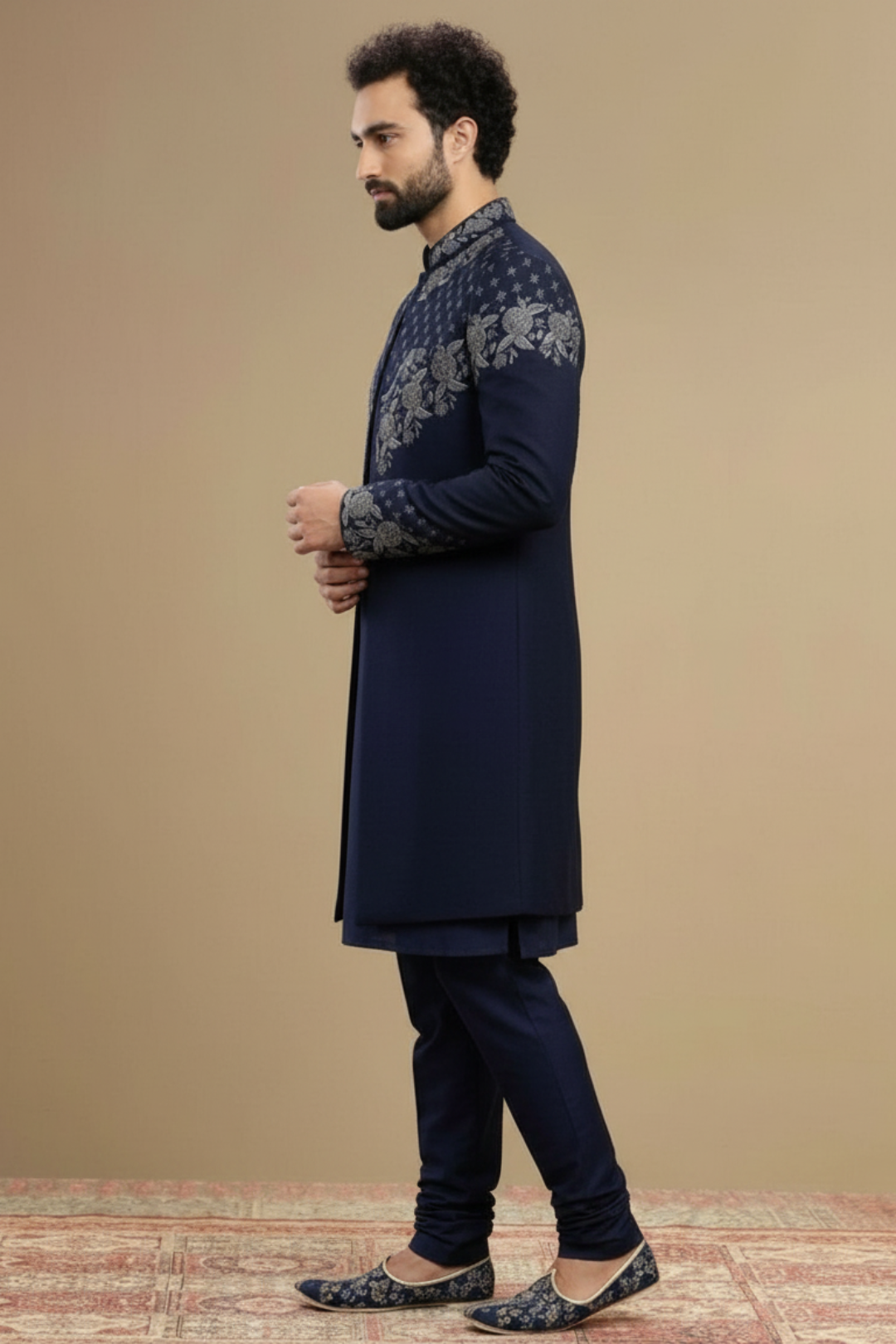 Men’s Navy Blue Embroidered Sherwani Kurta Set