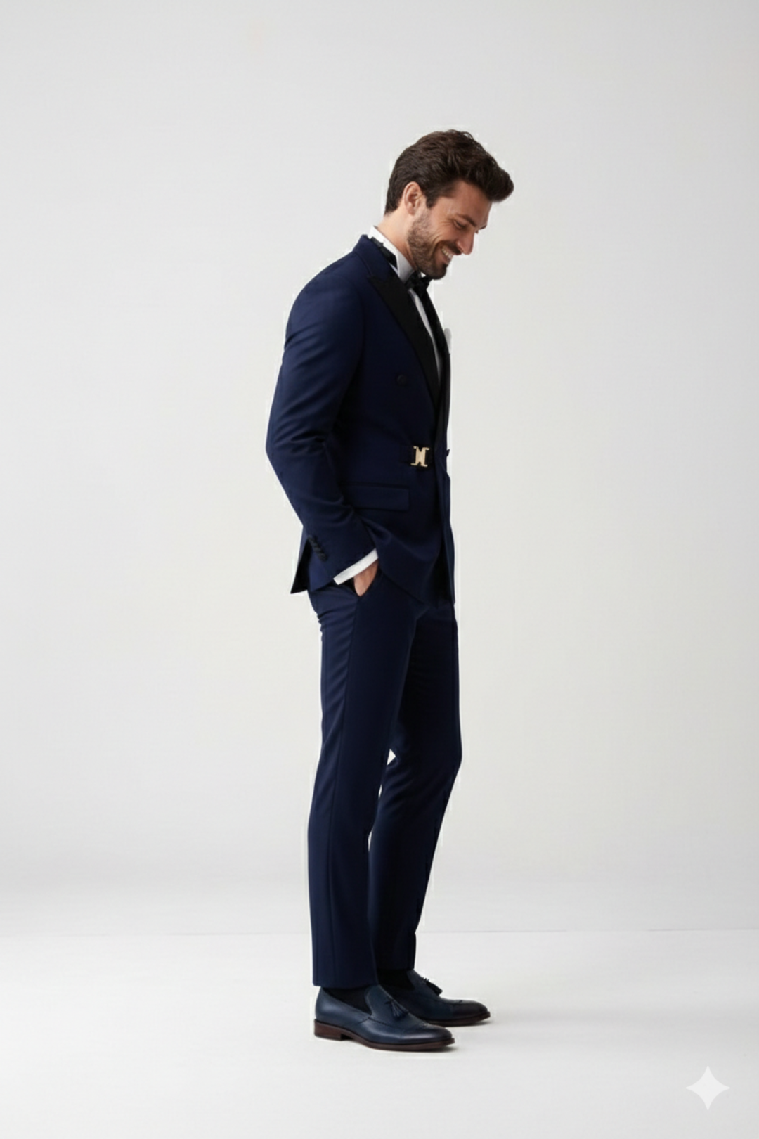 Men’s Navy Blue Double-Breasted Tuxedo with Gold Buckle