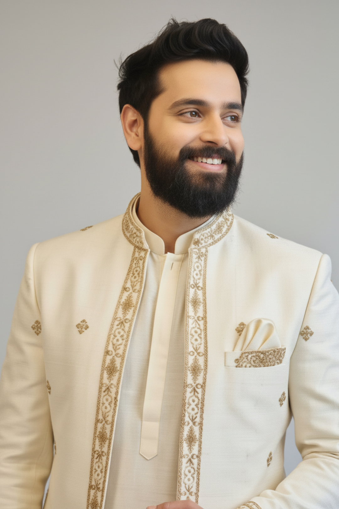 Ivory Embroidered Indo-Western Sherwani Set for Men | Premium Wedding & Reception Wear