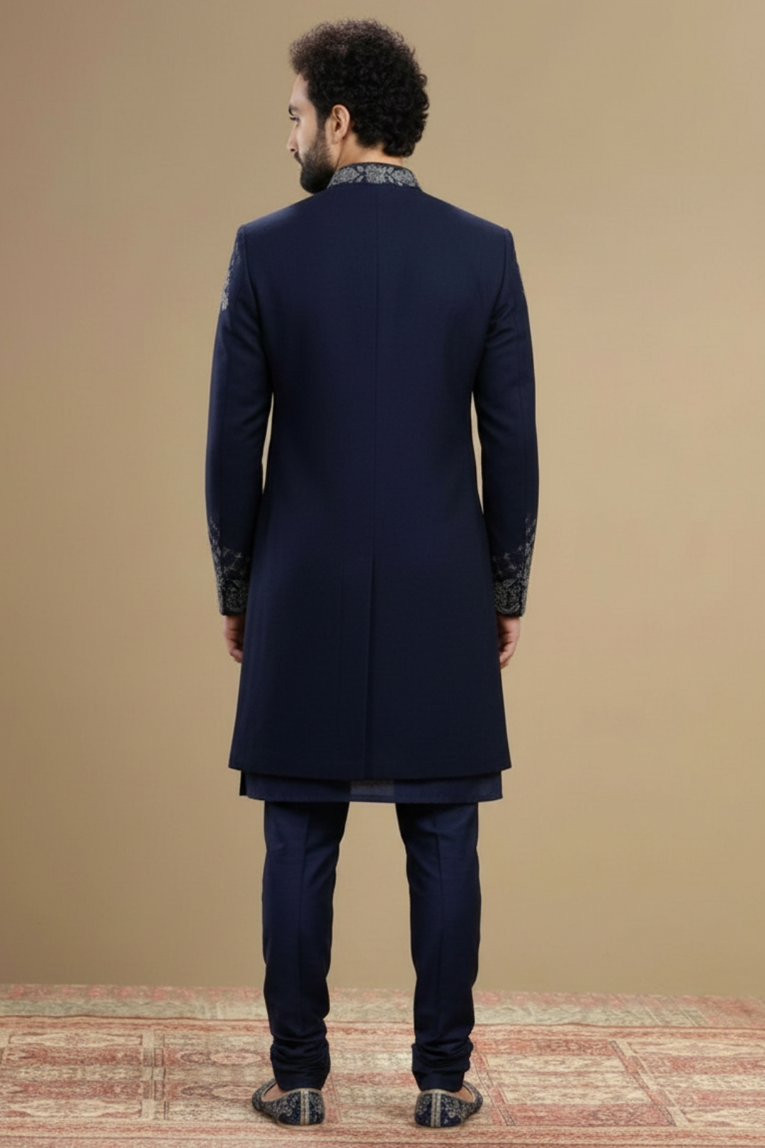 Men’s Navy Blue Embroidered Sherwani Kurta Set