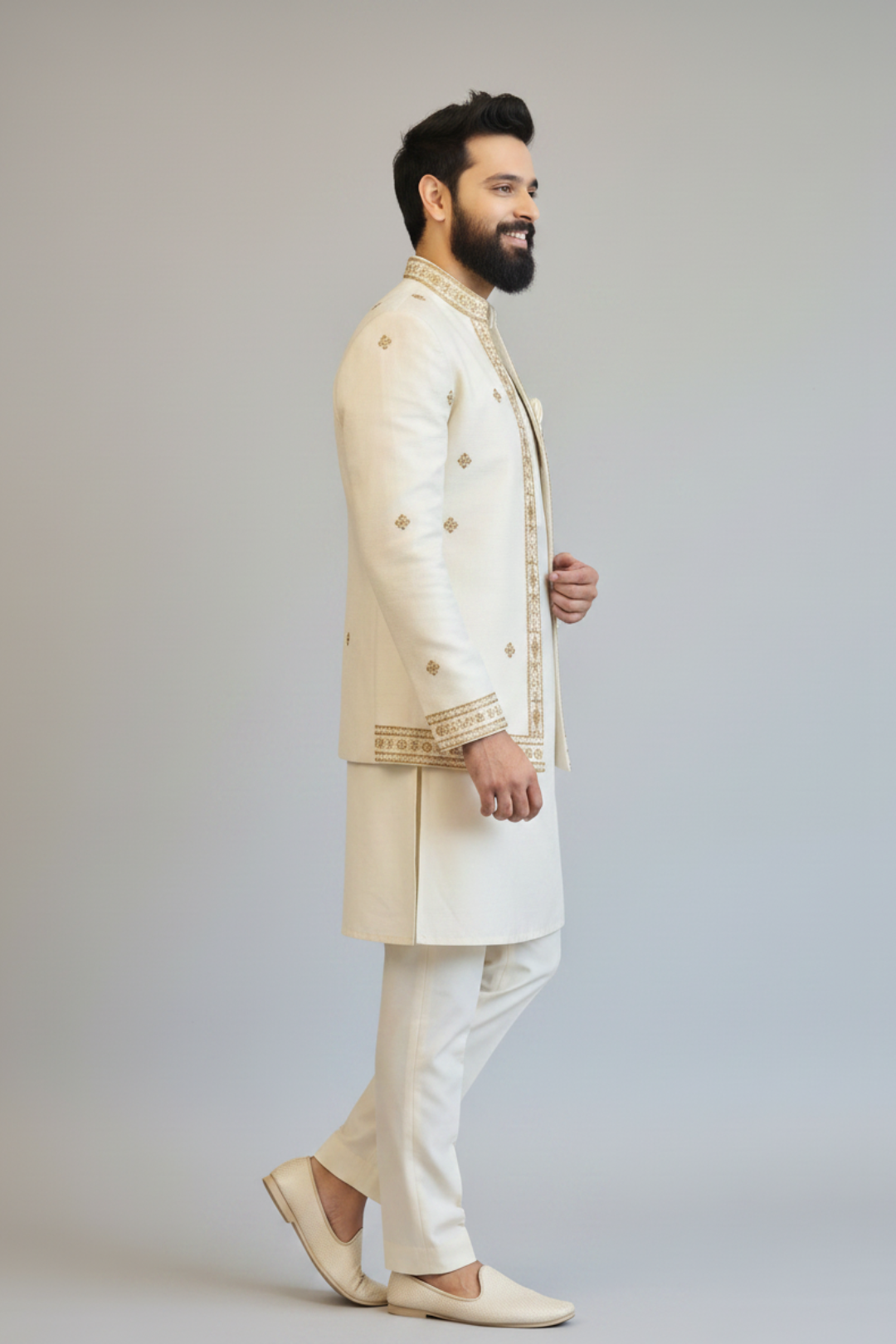 Ivory Embroidered Indo-Western Sherwani Set for Men | Premium Wedding & Reception Wear