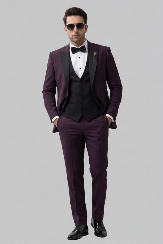 Royal Plum 3-Piece Tuxedo Suit for Men – Slim Fit Black Lapel Wedding & Evening Wear