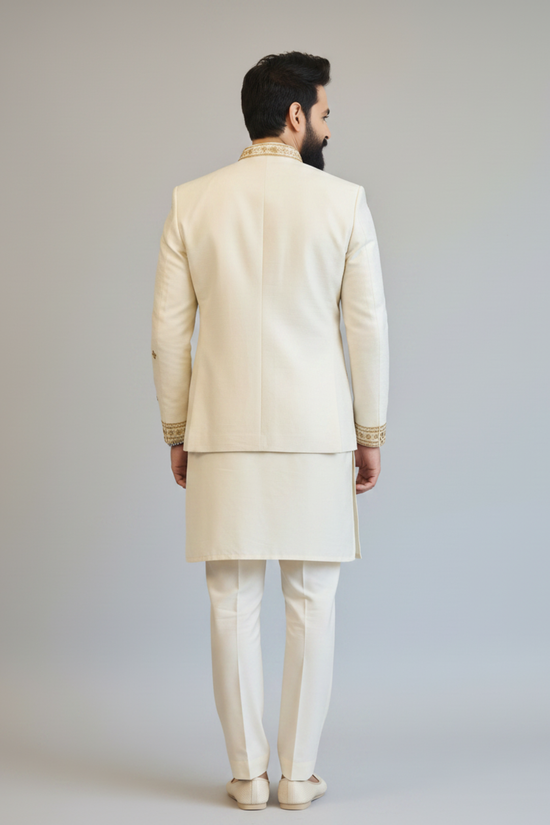 Ivory Embroidered Indo-Western Sherwani Set for Men | Premium Wedding & Reception Wear