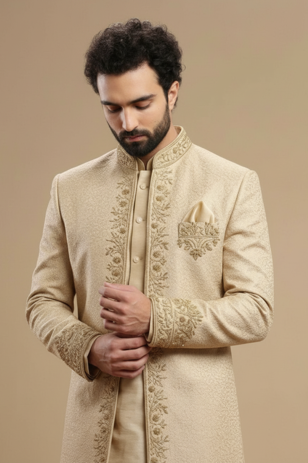 Men’s Designer Ivory Sherwani with Intricate Gold Work