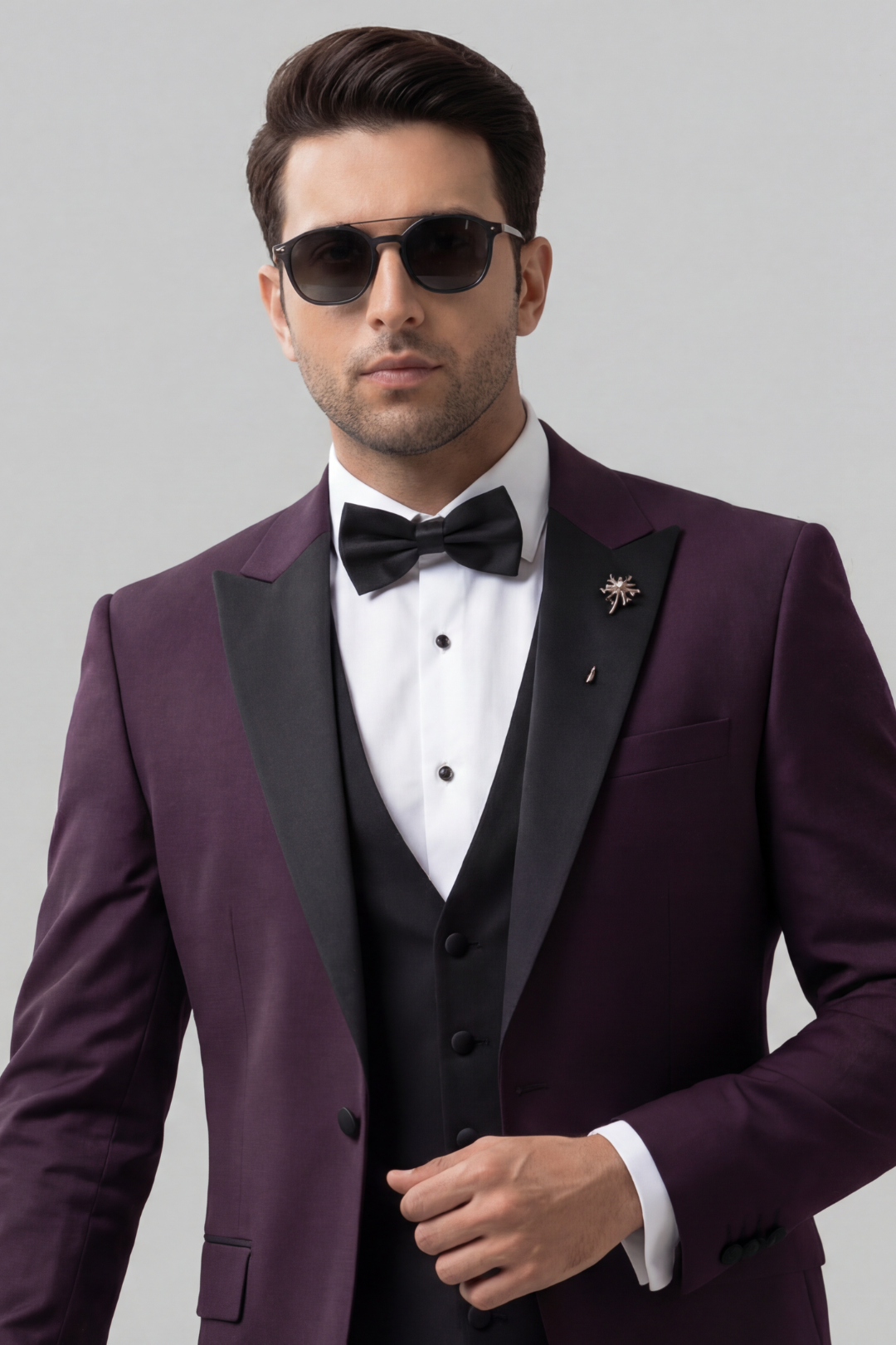 Royal Plum 3-Piece Tuxedo Suit for Men – Slim Fit Black Lapel Wedding & Evening Wear