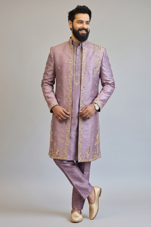 Dusty Lavender Embroidered Indo-Western Sherwani Set for Men | Designer Wedding Wear