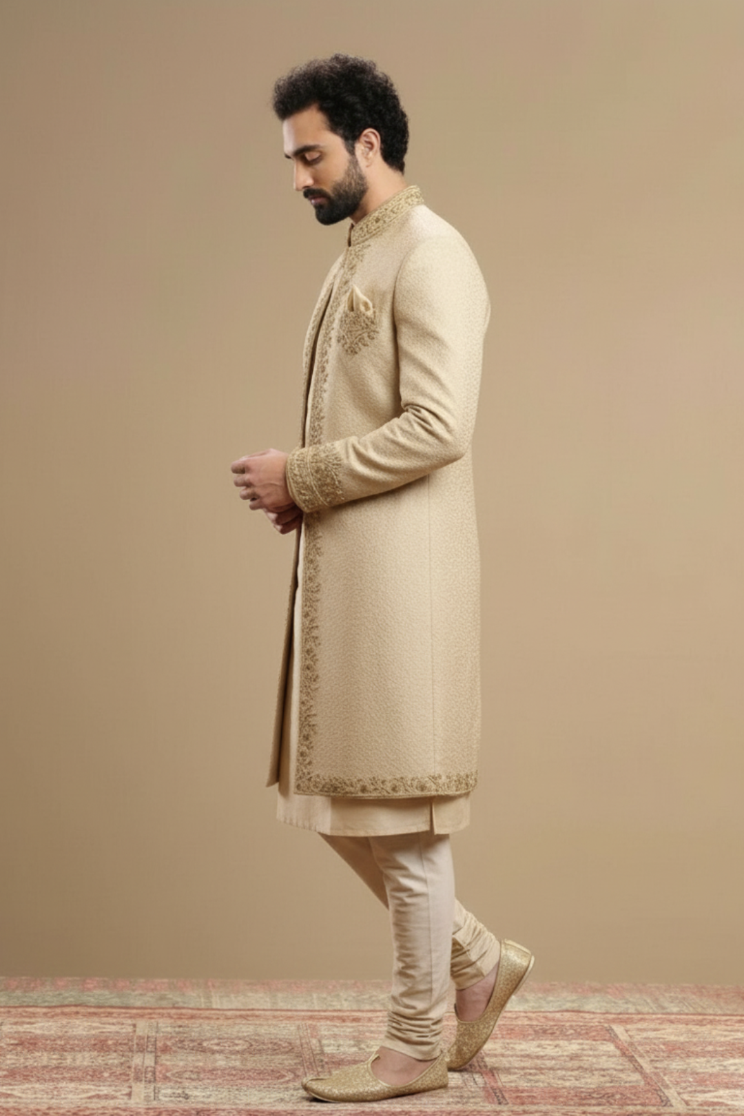 Men’s Designer Ivory Sherwani with Intricate Gold Work