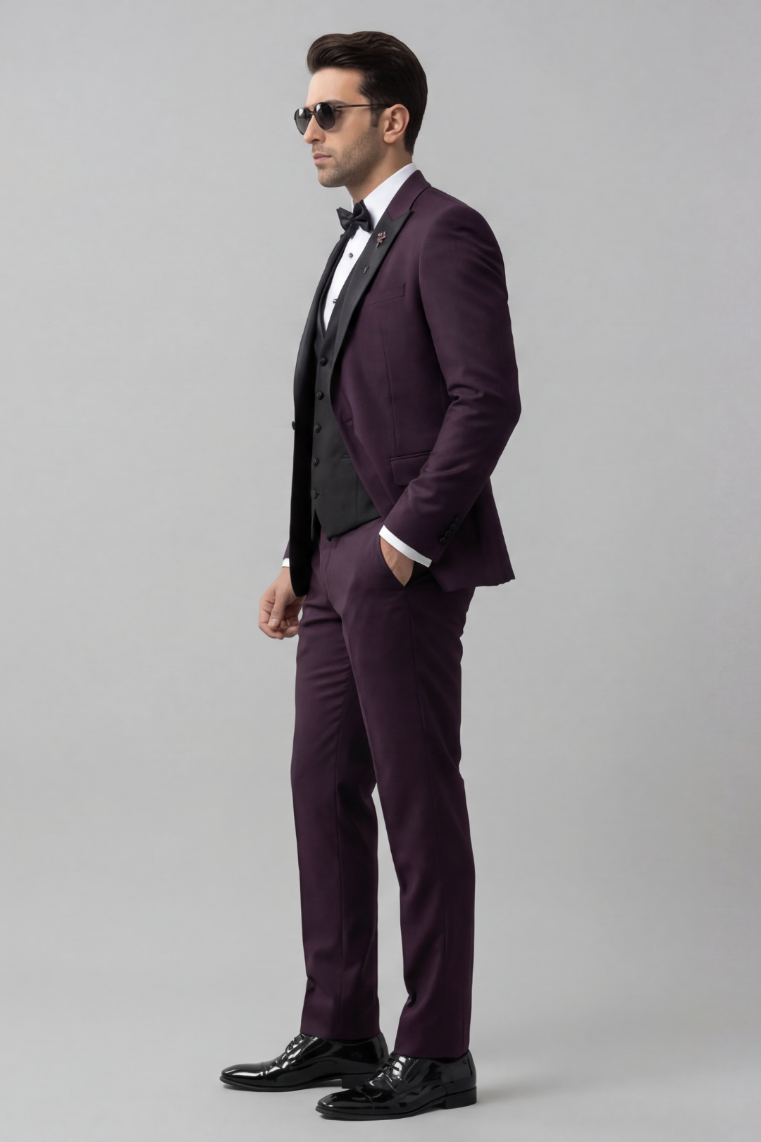 Royal Plum 3-Piece Tuxedo Suit for Men – Slim Fit Black Lapel Wedding & Evening Wear