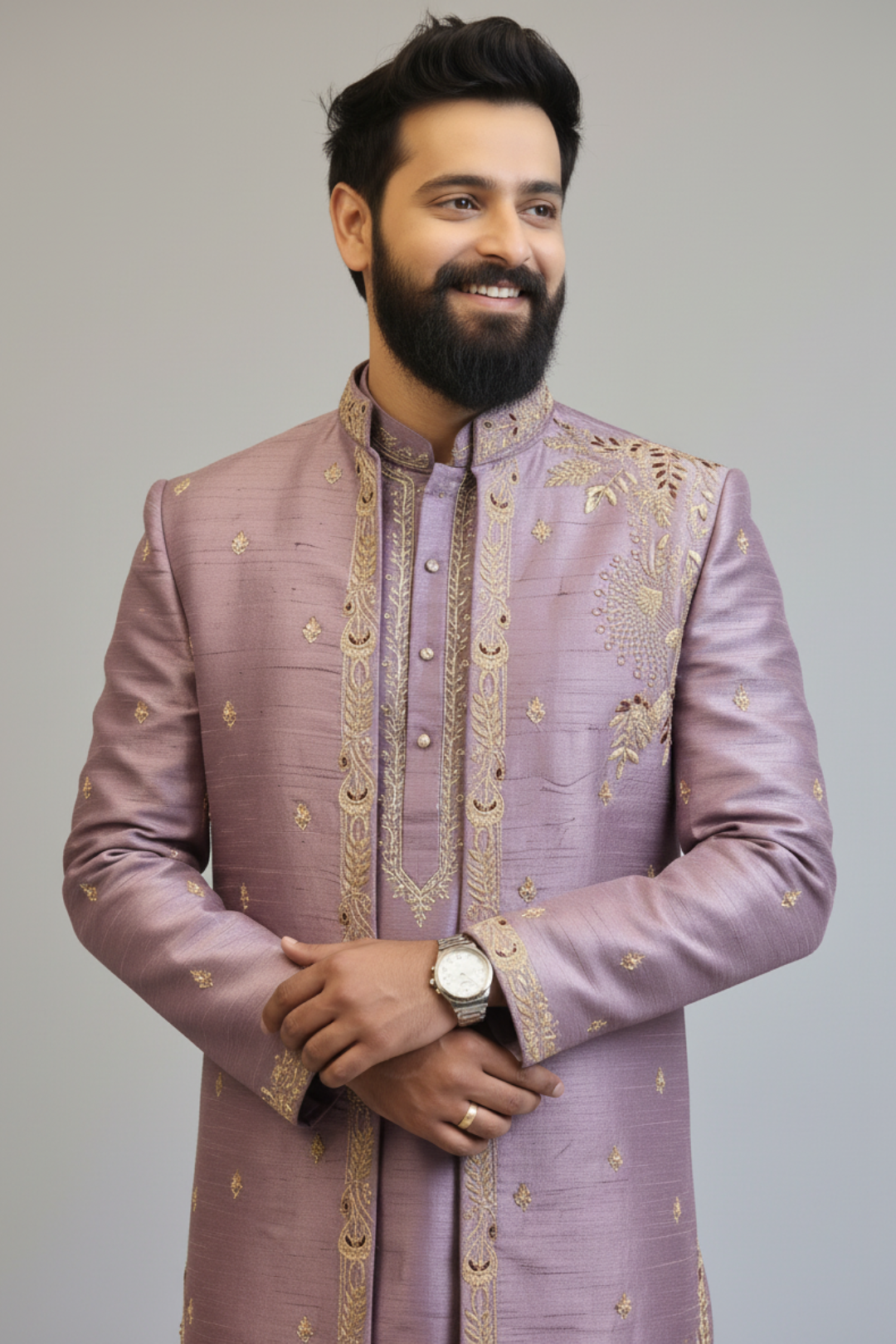 Dusty Lavender Embroidered Indo-Western Sherwani Set for Men | Designer Wedding Wear
