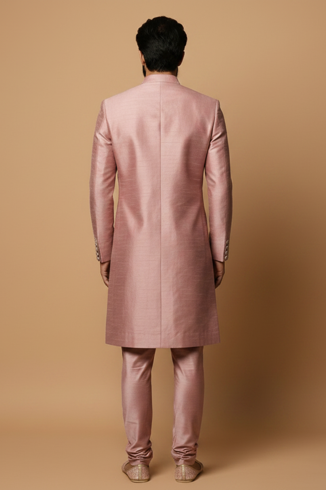 Mauve Raw Silk Sherwani with Silver Architectural Embroidery & Churidar