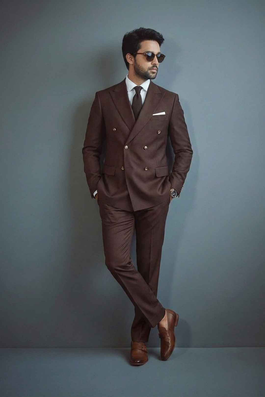 Man wearing a brown suit with sunglasses against a gray background