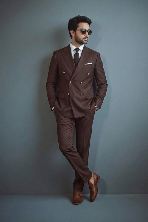 Man wearing a brown suit with sunglasses against a gray background