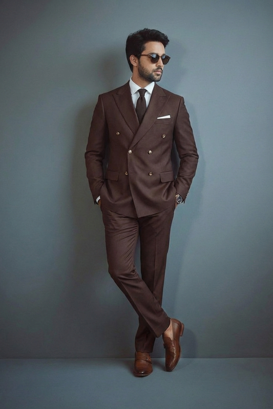 Man wearing a brown suit with sunglasses against a gray background