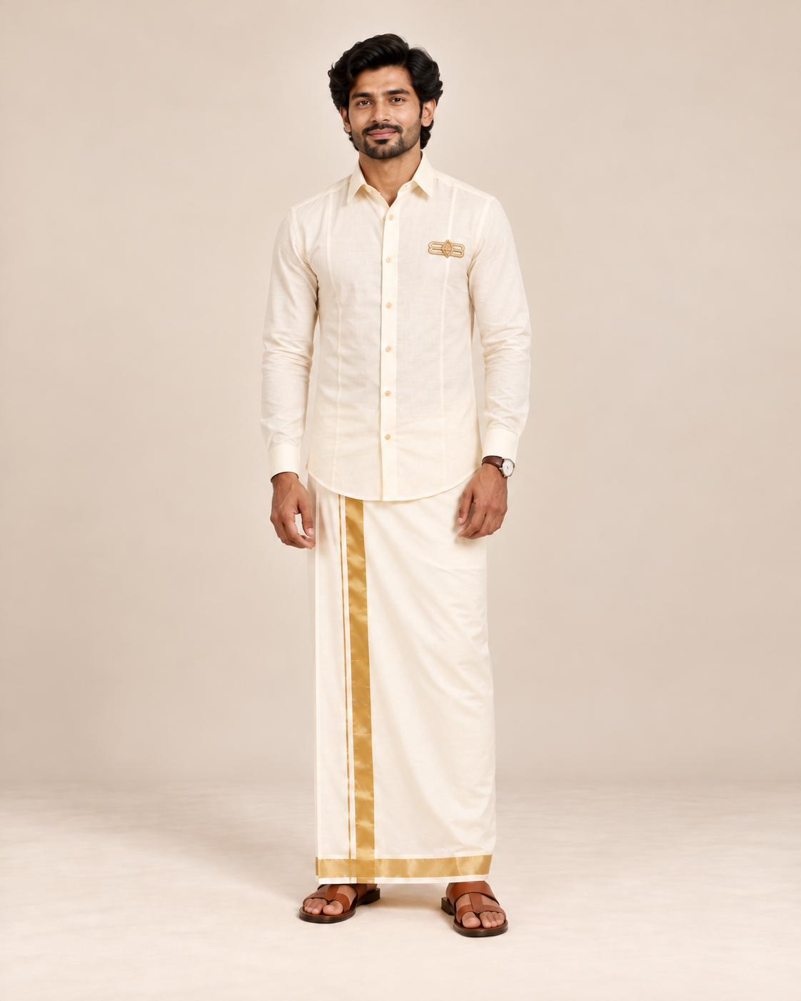 Ivory Cream Full Sleeve Embroidered Shirt (Traditional Elegance)