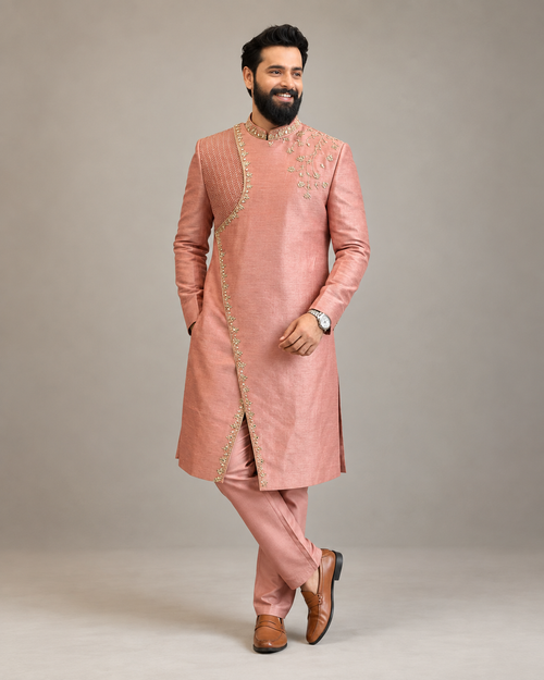 Peach Embroidered Asymmetric Sherwani for Men – Designer Wedding & Festive Wear