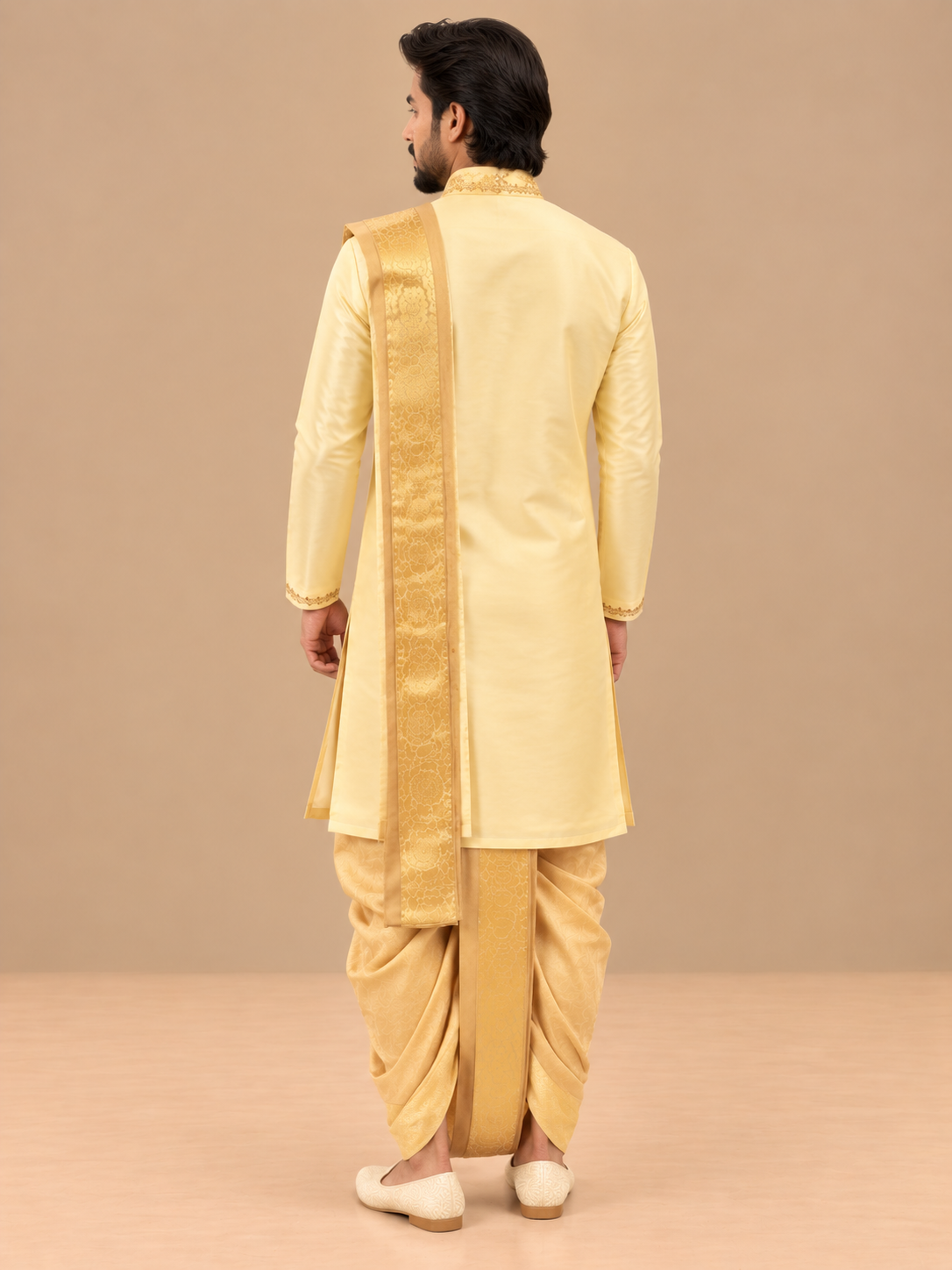 Cream gold semi pattu pancha set with zari work