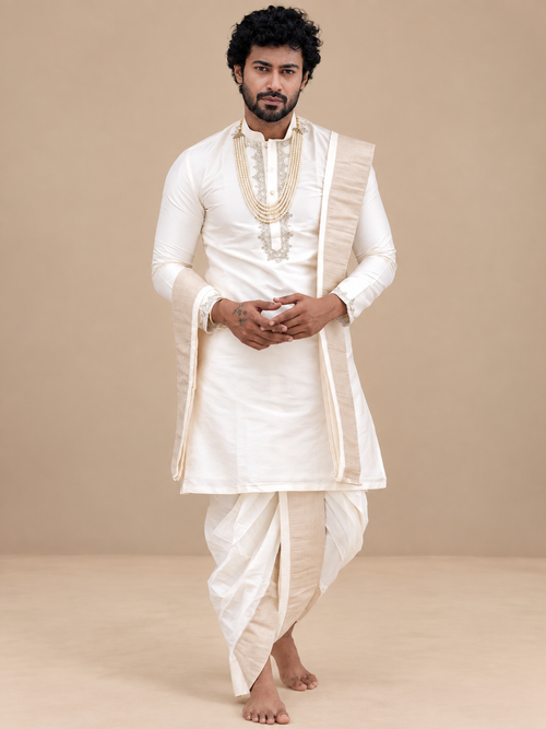 Men’s Ivory Silk Kurta with Pattu Pancha & Angavastram | Classic Minimal Wedding Dhoti Set