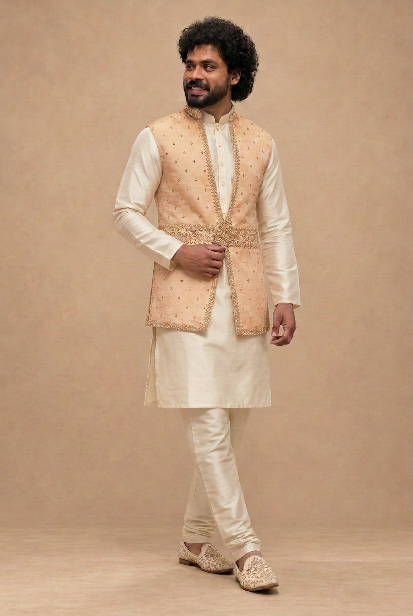 Champagne Gold Embroidered Nehru Jacket  (Royal Champagne)