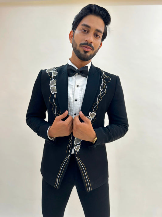 Abstract  Floral embroidered Black Tuxedo with trouser