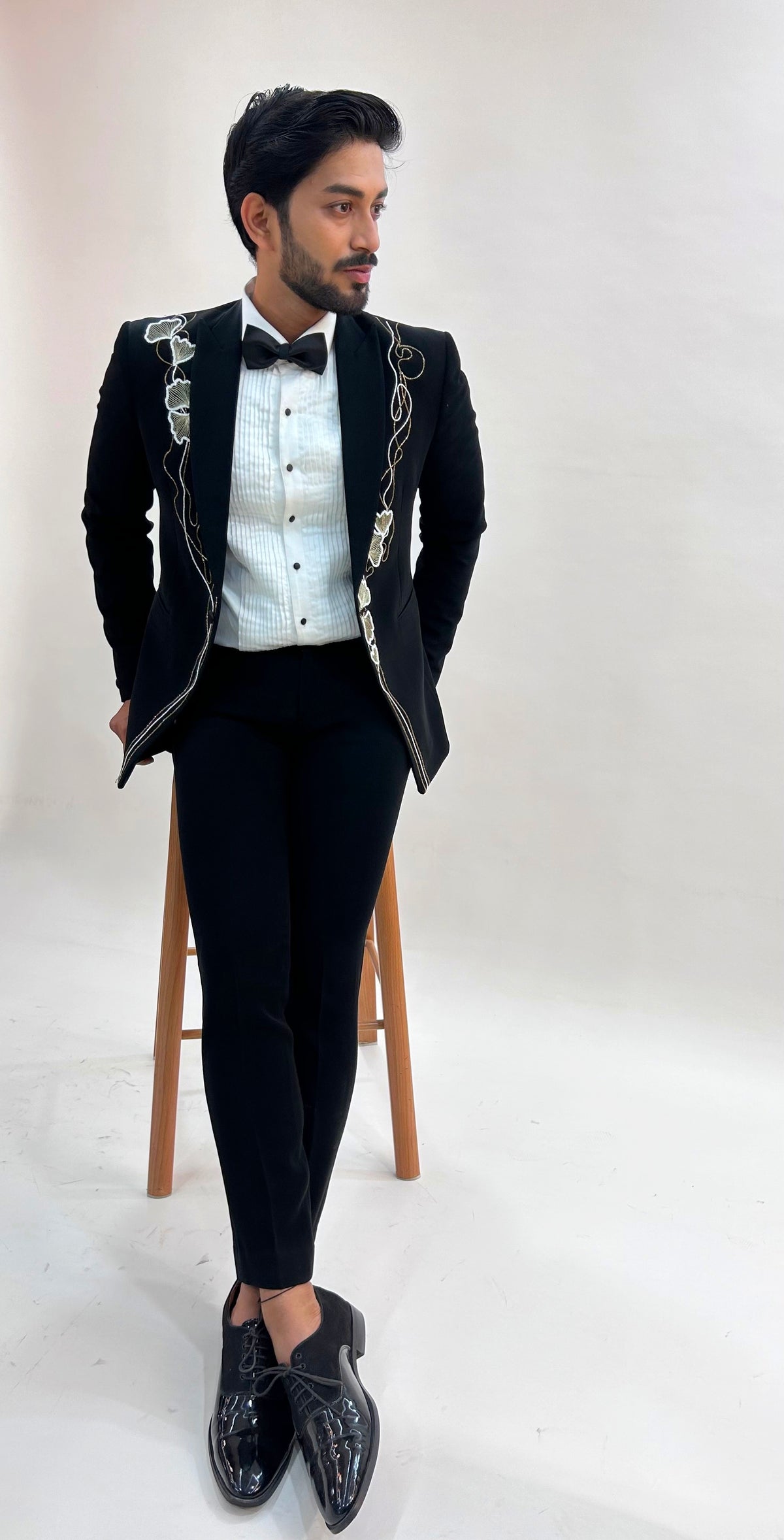 Abstract Floral embroidered Black Tuxedo with trouser
