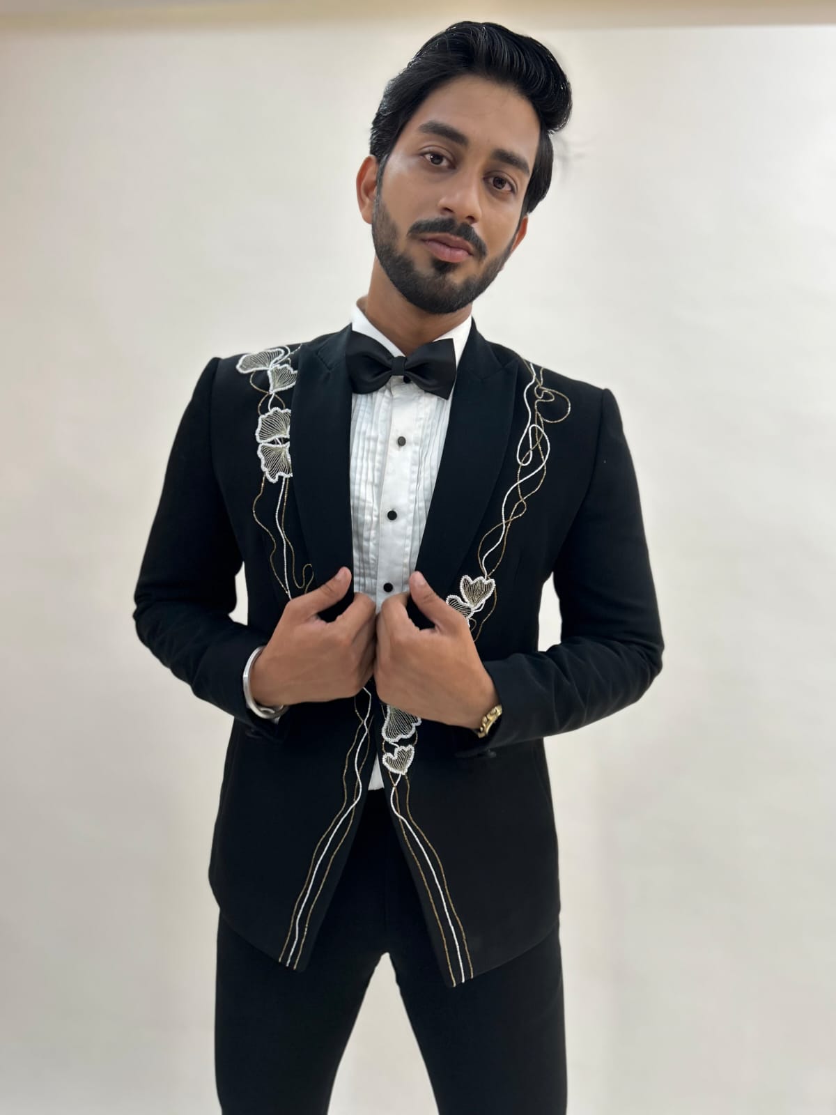 Abstract Floral embroidered Black Tuxedo with trouser