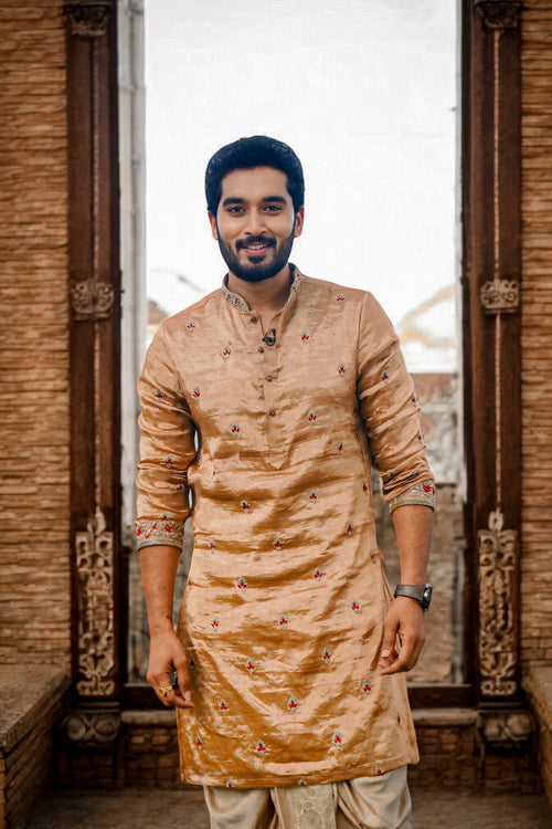 Antique gold tissue Pattu kurta with detailed Zardosi work