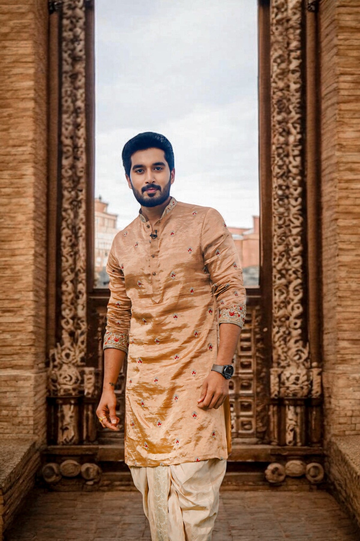 Antique gold tissue Pattu kurta with detailed Zardosi work